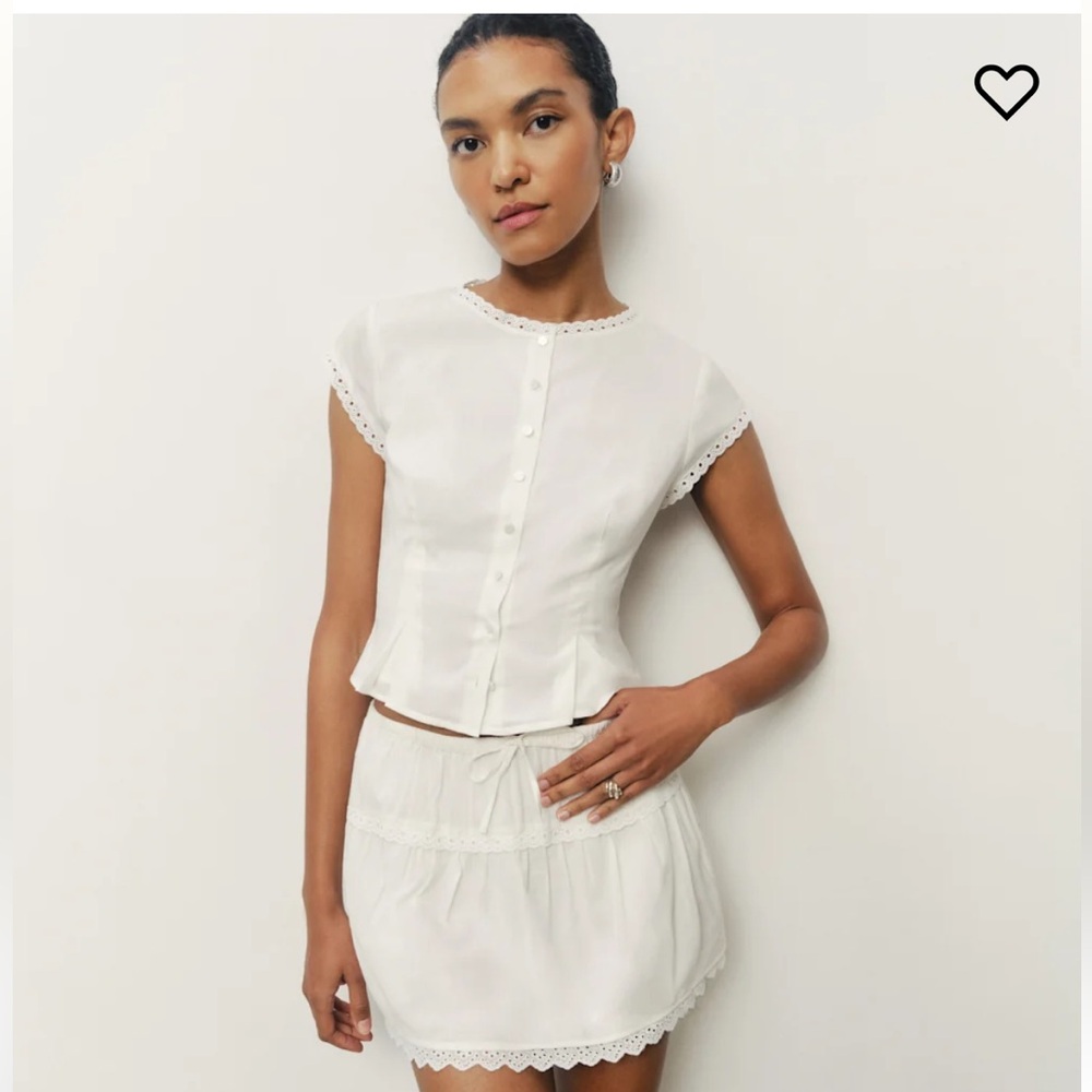 Reformation White Eyelet-Trim Short Sleeve Button Front Top and skirt set